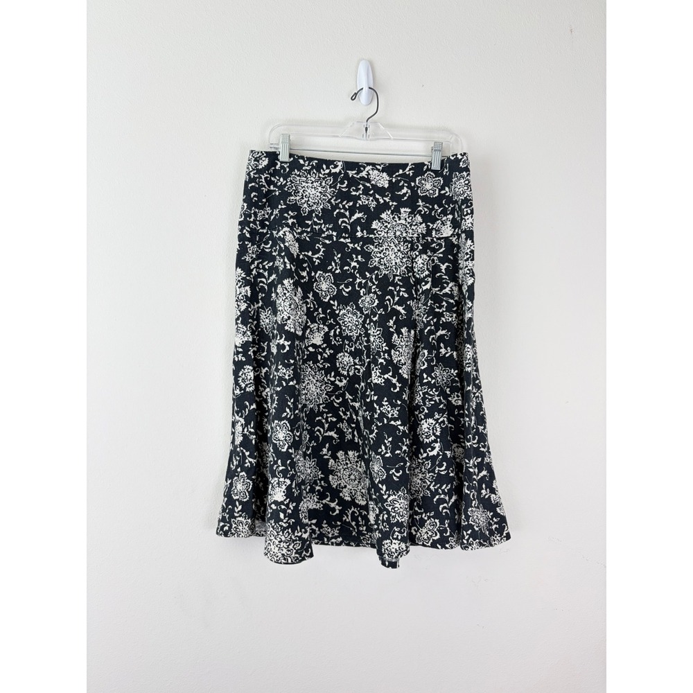 Gap Women's 8R Black White Floral Linen A-Line Midi Skirt Cottagecore Coastal